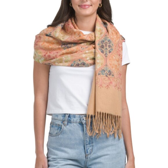 JESSICA MCCLINTOCK Accessories - JESSICA MCCLINTOCK camel multi Embroidered Scarf With Fringe